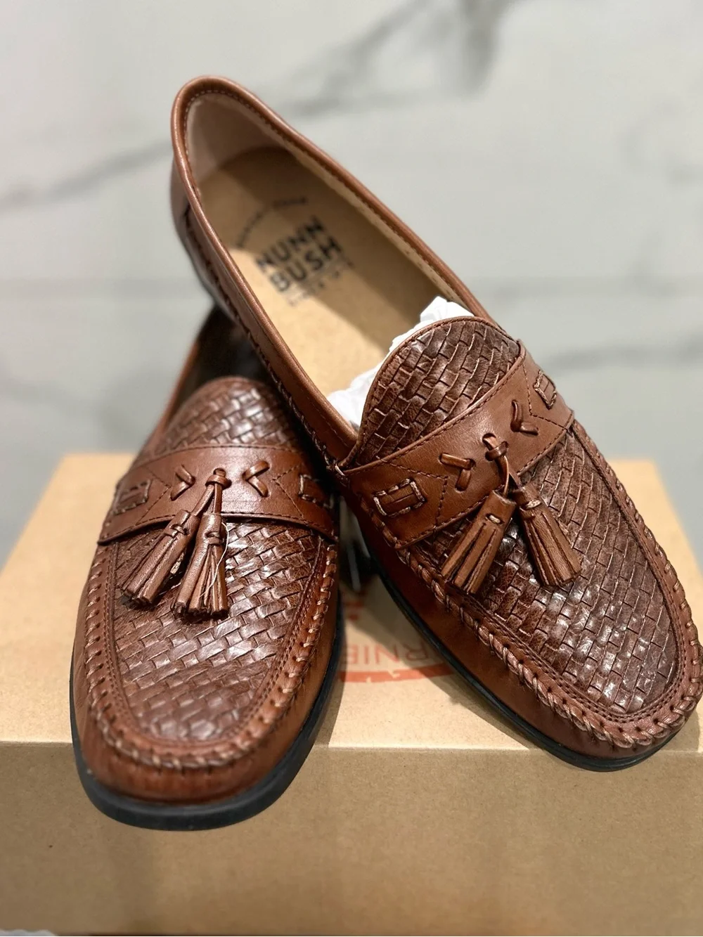 Nunn Bush Strafford Woven Tassel Loafers Men’s 8.5 Cognac Leather NWT